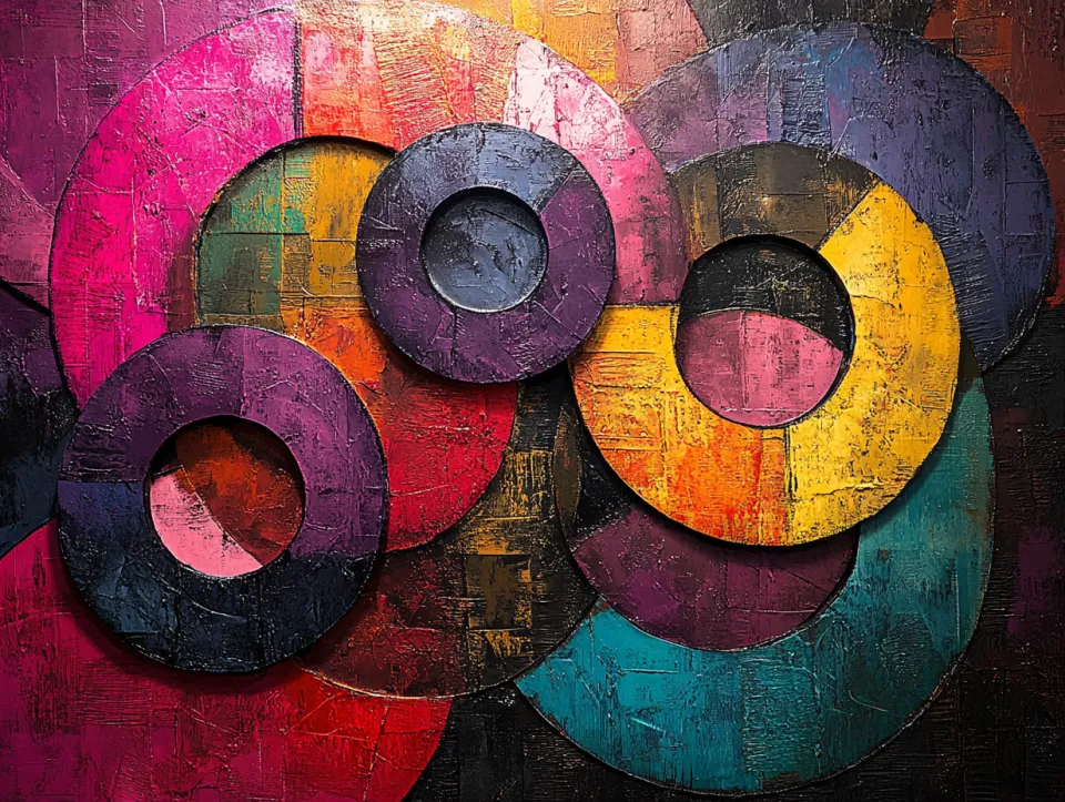 Abstract composition with circles in bright colors and texture