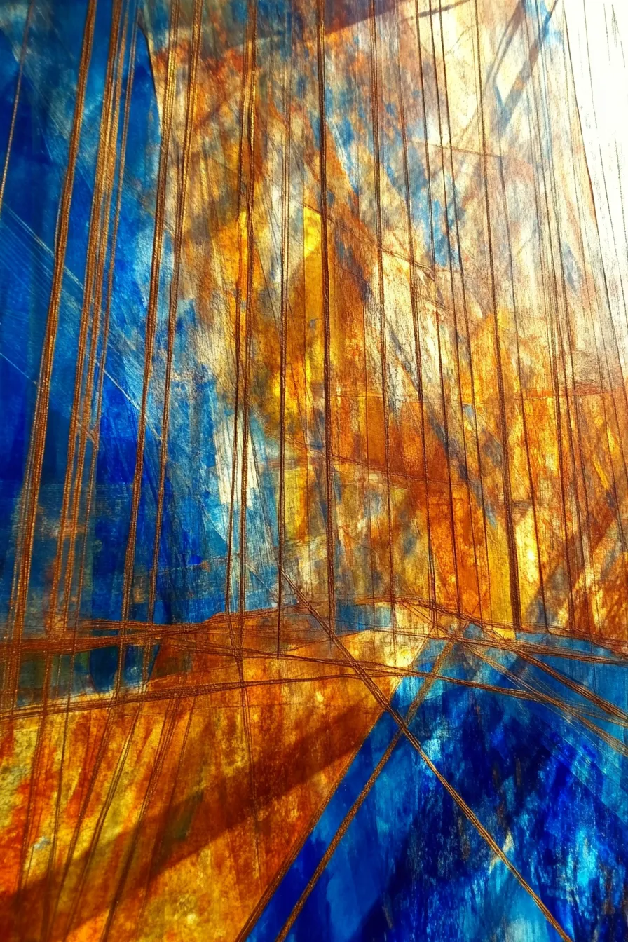 Cuadro abstracto con colores azules y naranjas vibrantes, estructura dinámica