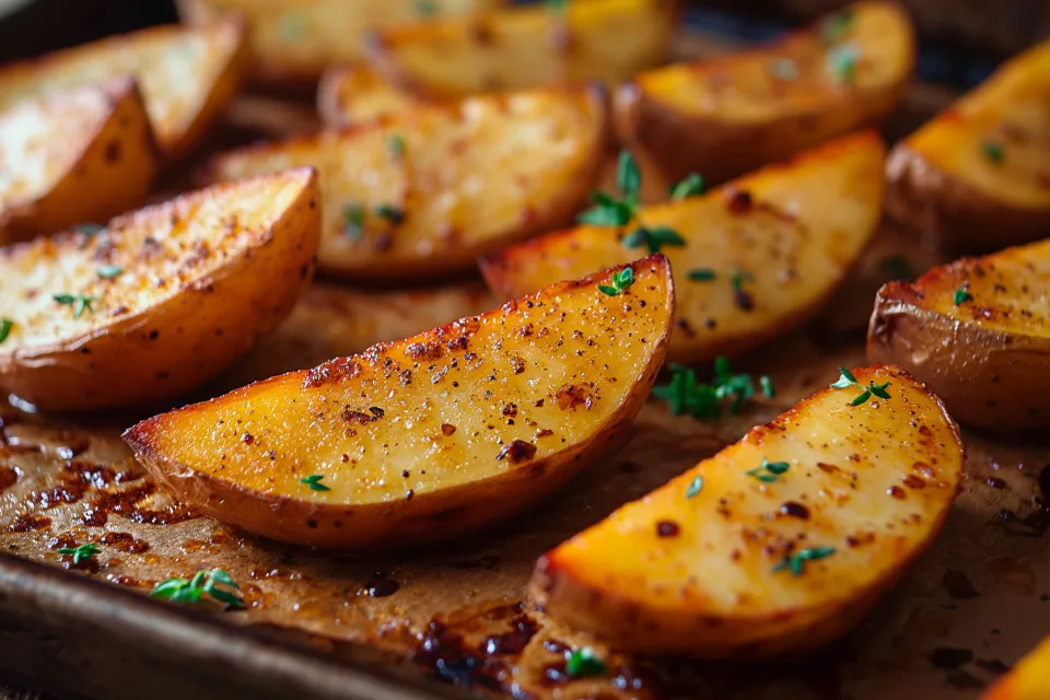Aromatic baked potato wedges with herbs and spices on a baking tray