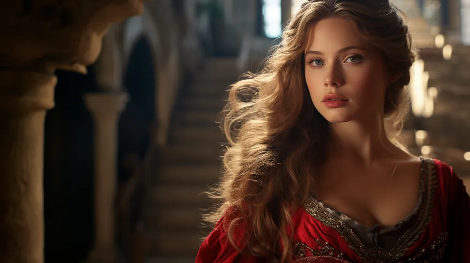 Mujer con cabello largo en vestido rojo de fondo de un castillo