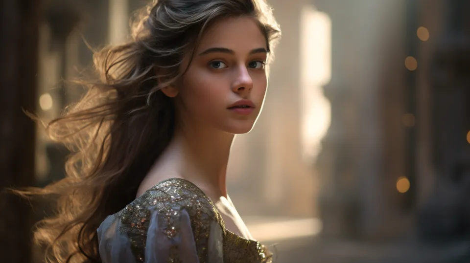 Girl with long hair in a light dress against the backdrop of ancient architecture