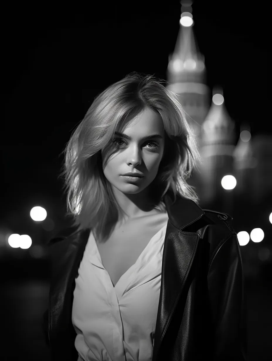 Retrato estilizado en blanco y negro de una chica con luces brillantes de fondo