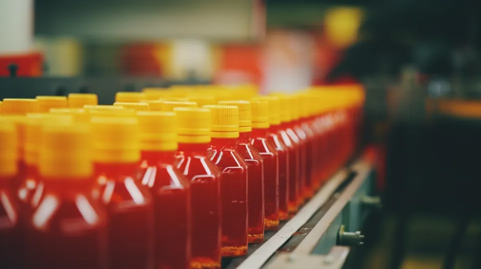Packaging red drink in plastic bottles with yellow caps