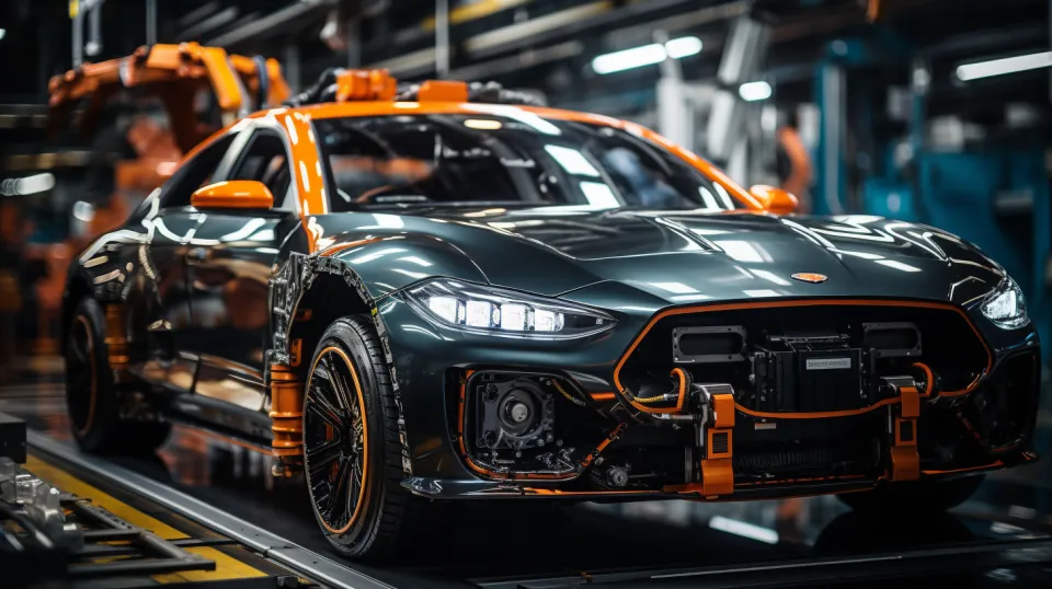 Coche con componentes expuestos en un fondo de producción industrial