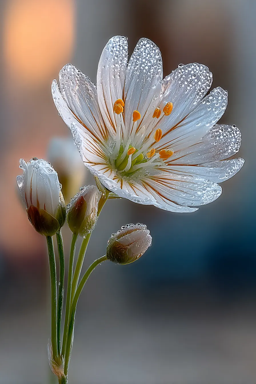 Close-up of a flower with transparent water droplets and buds