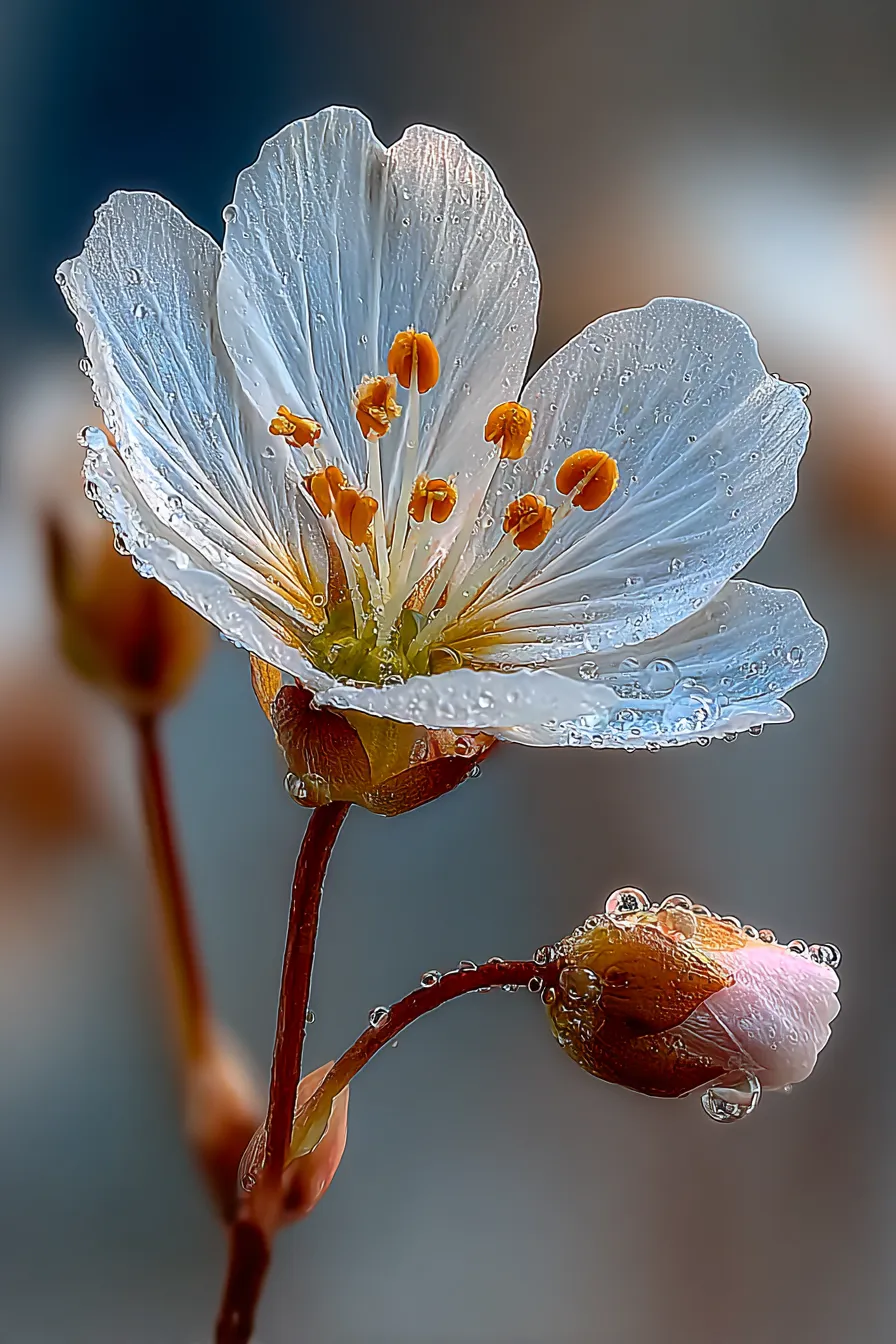Small white flower with orange stamens in the background