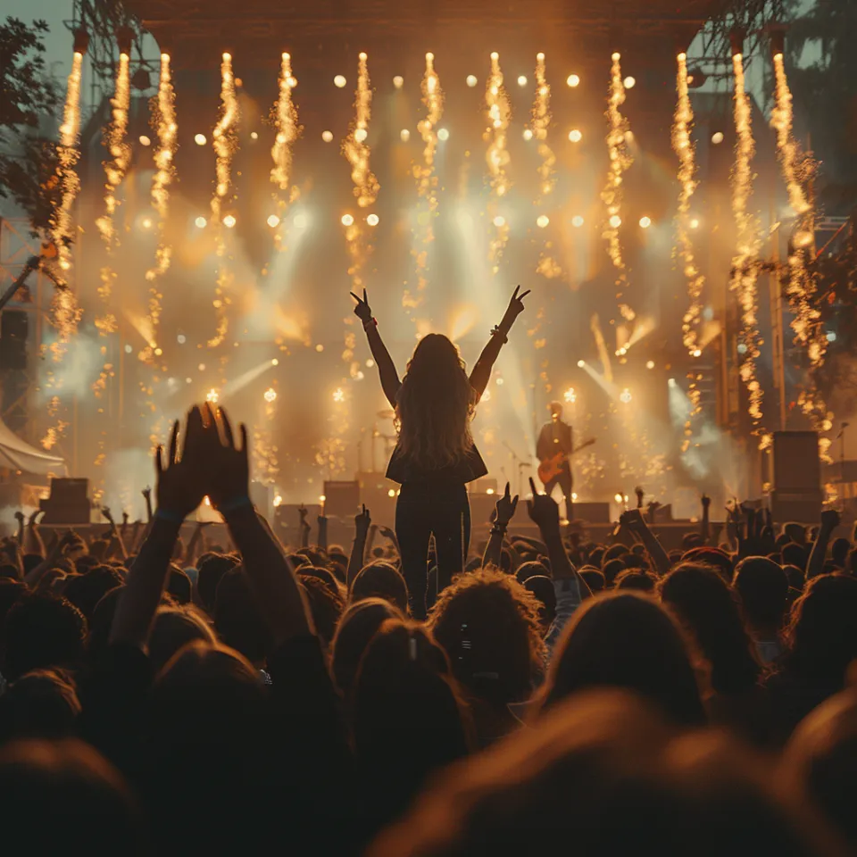 Multitud de espectadores en un concierto con fuegos artificiales en el escenario