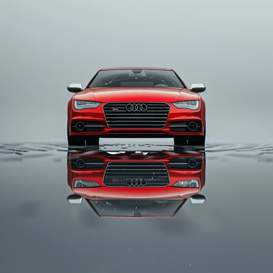 Se ve un Audi rojo desde el frente sobre la superficie del agua con su reflejo
