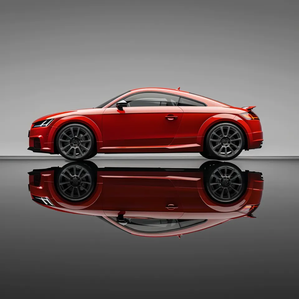 Automóvil deportivo rojo con diseño aerodinámico en superficie reflejante