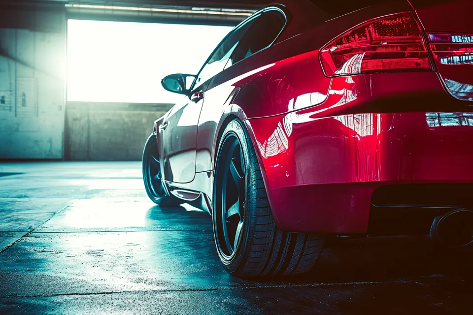 Coche deportivo rojo con llantas negras bajo la ligera sombra del garaje