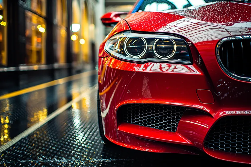 Vista fascinante frontal de un coche deportivo rojo con gotas de agua