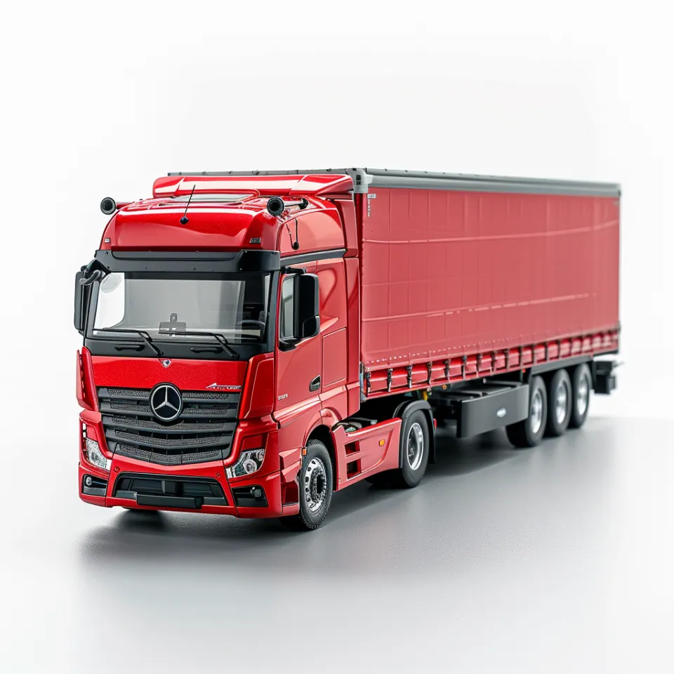 Detailed model of a Mercedes-Benz truck in red color with a trailer