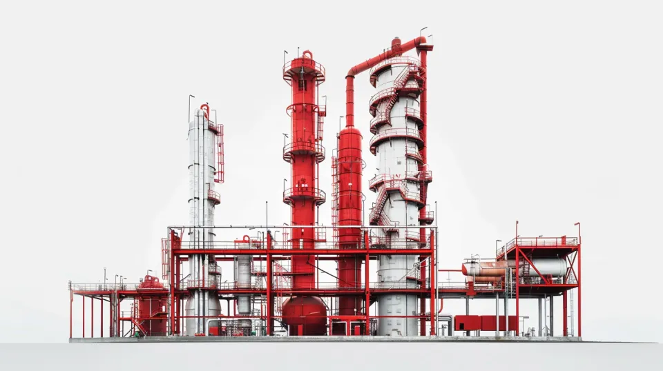 Image of a modern industrial factory characterized by red pipes and structures.