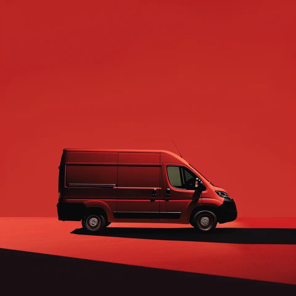 Imagen de un furgón rojo sobre un fondo rojo brillante