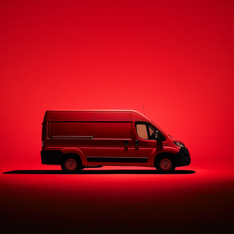 A modern red van presented against a solid red background