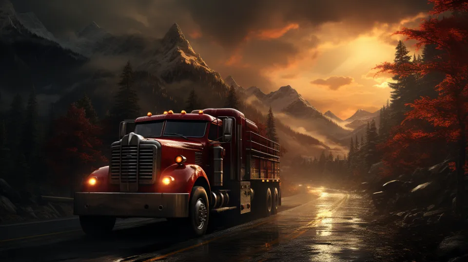Red truck captured against the backdrop of mountains and a sunset