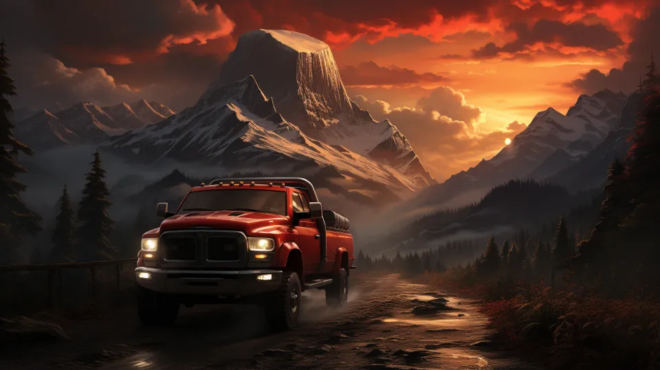 Camioneta de color rojo, rodeada de montañas y con un atardecer de fondo