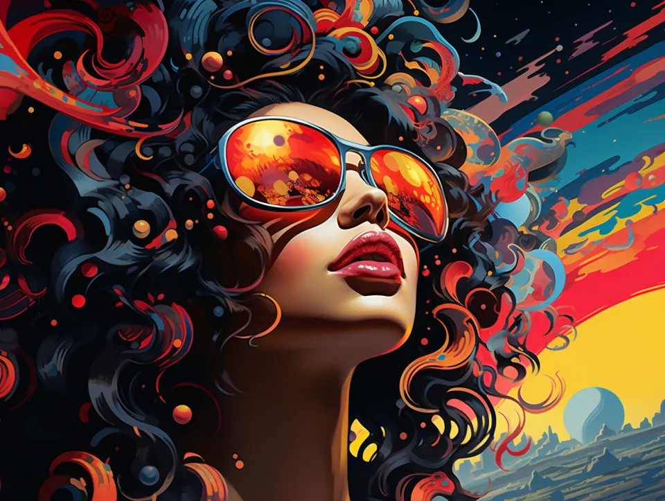 Portrait of a woman in sunglasses with bright reflections and curly hair