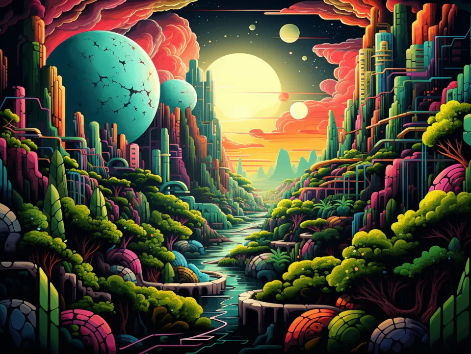 Paisaje exótico con planetas y vegetación brillante