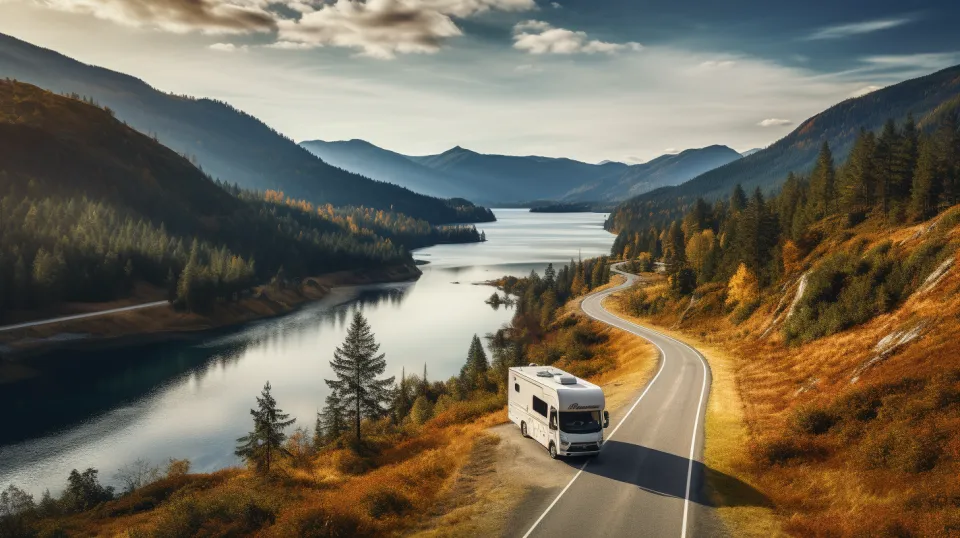 A campervan stands by the roadside next to a picturesque lake and mountains