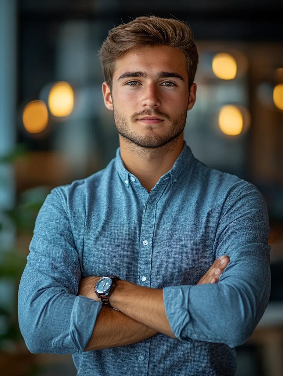 Retrato de un joven con cabello corto y camisa azul