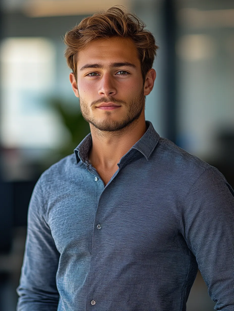 Hombre joven con cabello castaño corto vestido de oficina