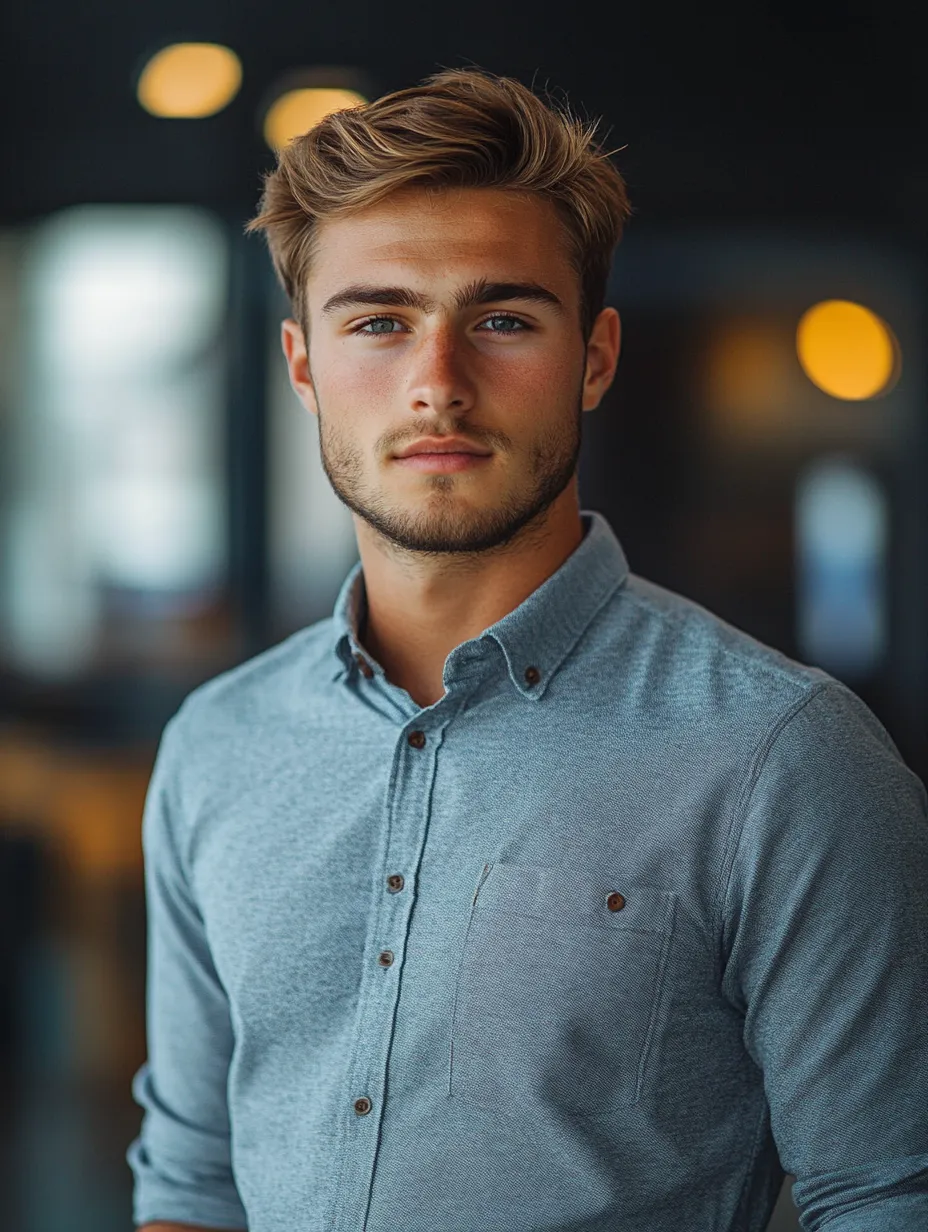 Portrait of a Young Man with Short Hair and Blue Eyes