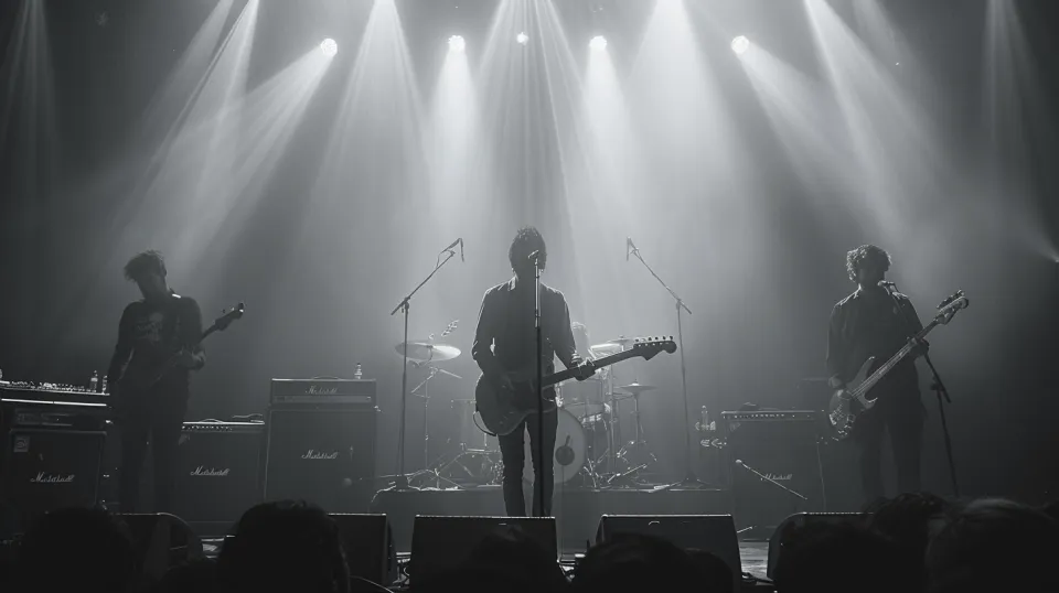 Músicos tocando en el escenario bajo luces de focos