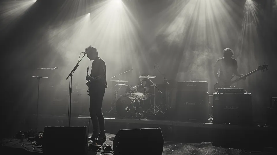 Musicians playing on stage illuminated by beams of light