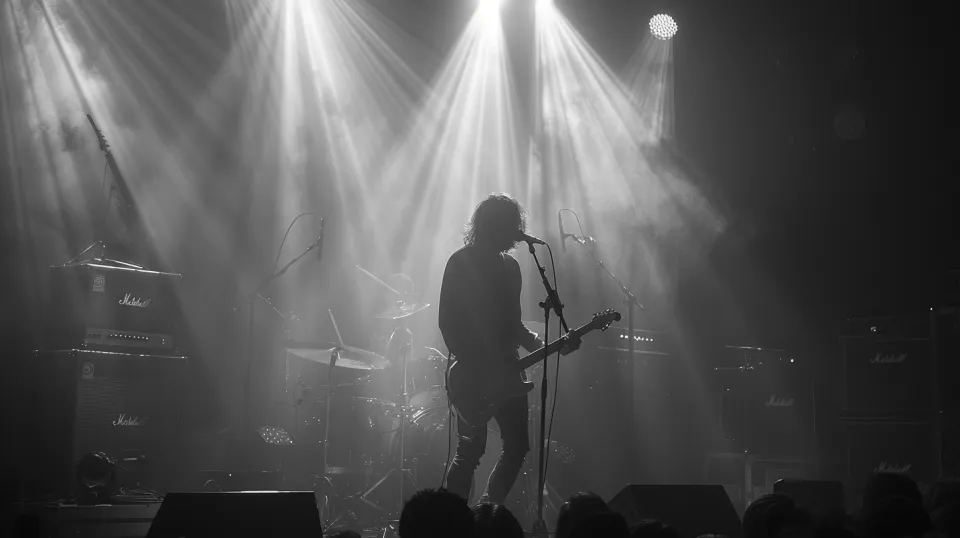 Musician with a guitar performing on stage with light and smoke effects