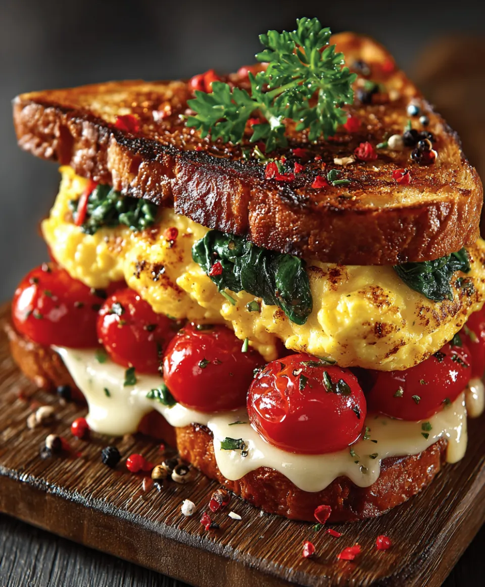 Hot toast with tender eggs, tomatoes, and greens