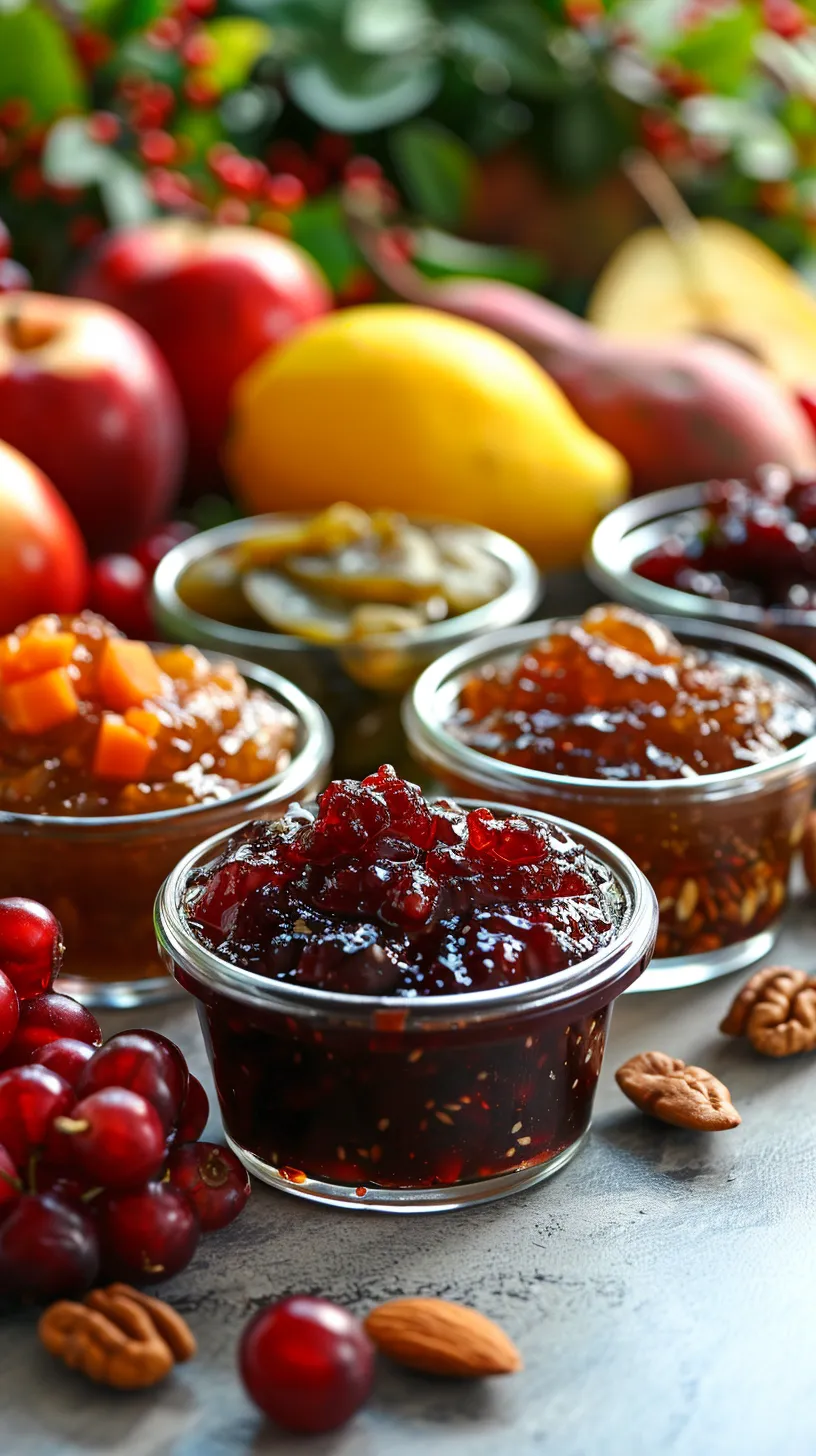 Fruit jams and preserves in glass jars on a table with nuts