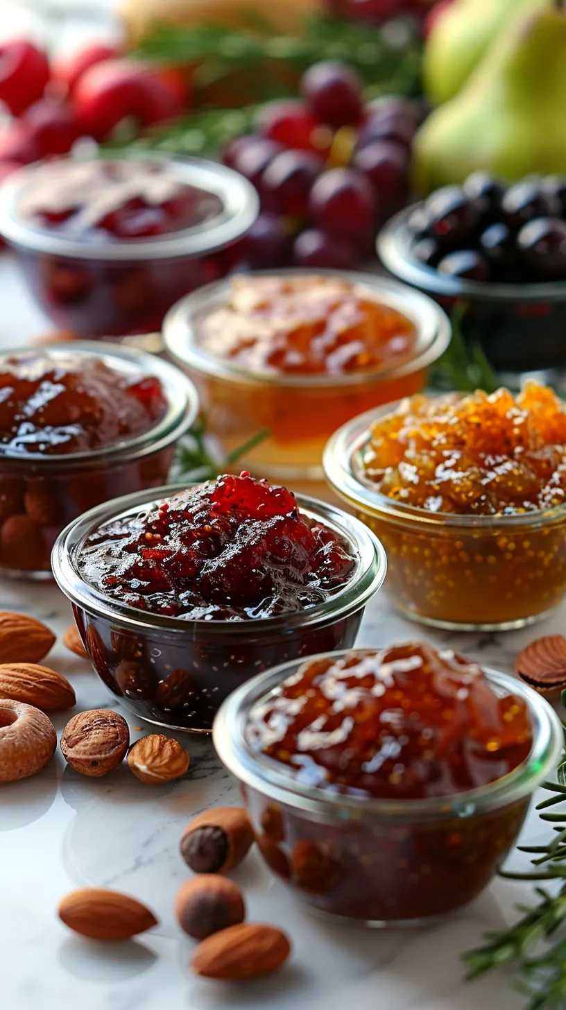 Varias mermeladas en frascos entre nueces y frutas