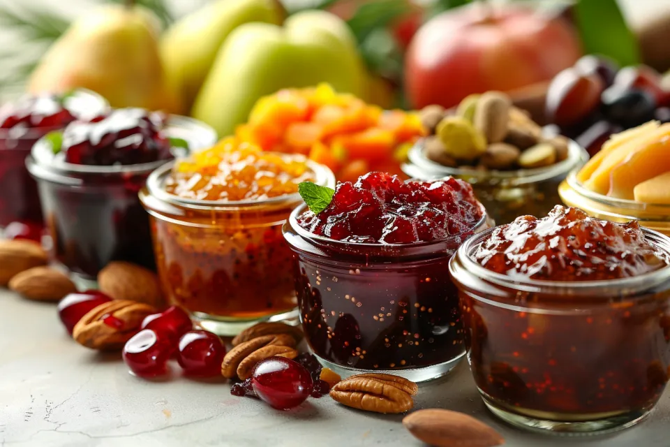 Table with various types of jam, fruits, and nuts for dessert