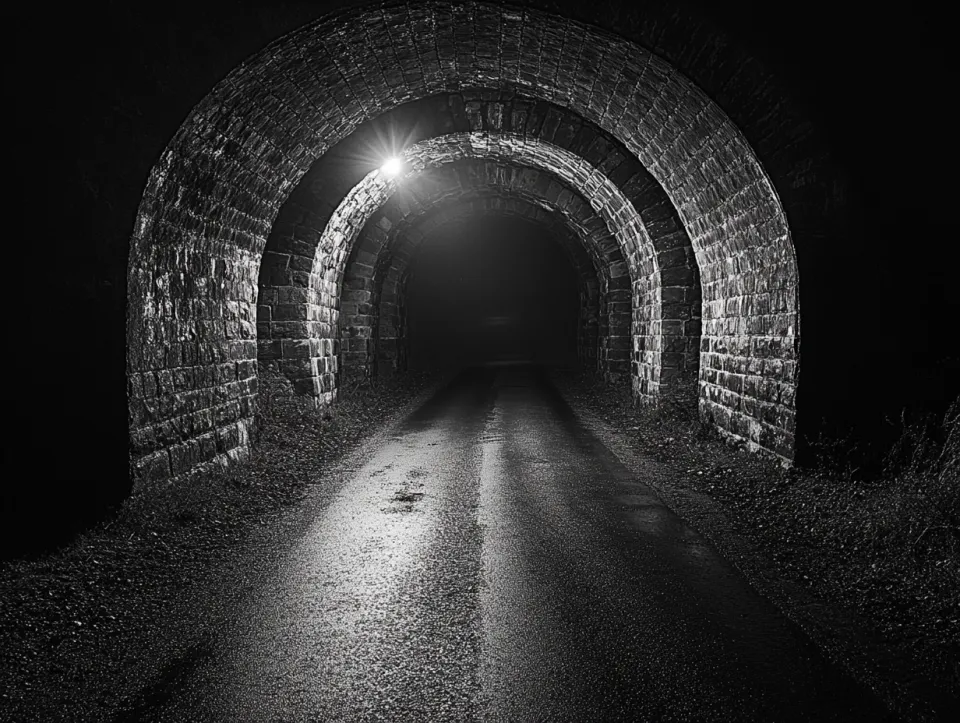 Fotografía del túnel iluminado por la luz de una linterna, en completa oscuridad