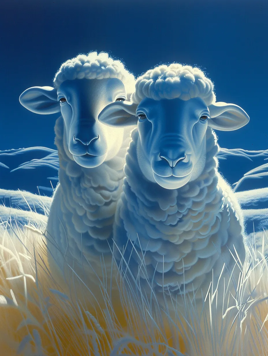 Portrait of two sheep with wool against a bright blue sky