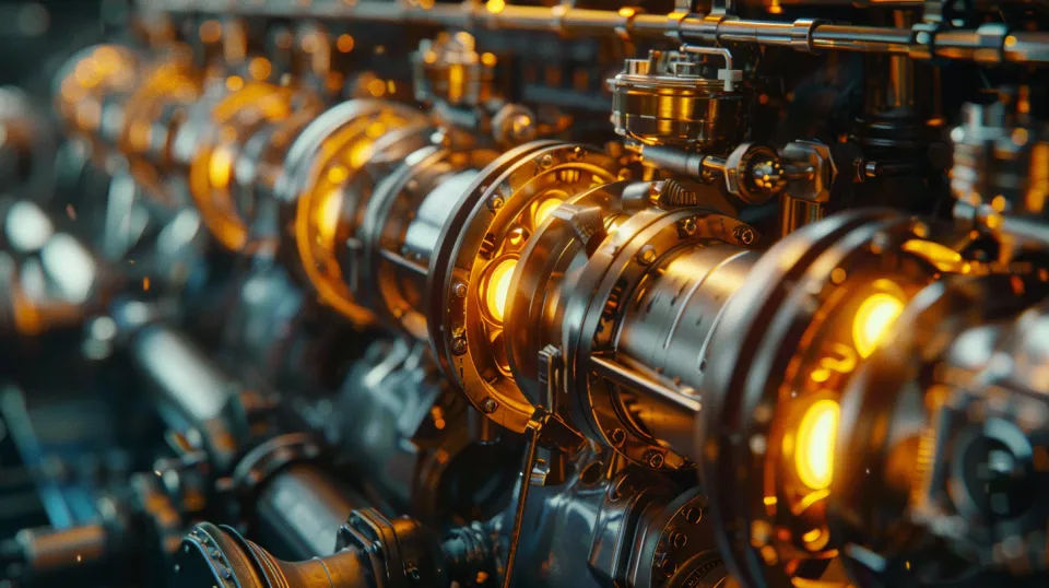 Close-up of metallic parts with orange light and highlights