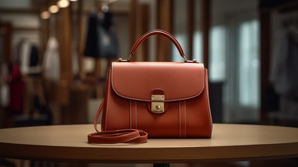 Elegante bolso marrón de cuero sobre una mesa en una boutique de moda