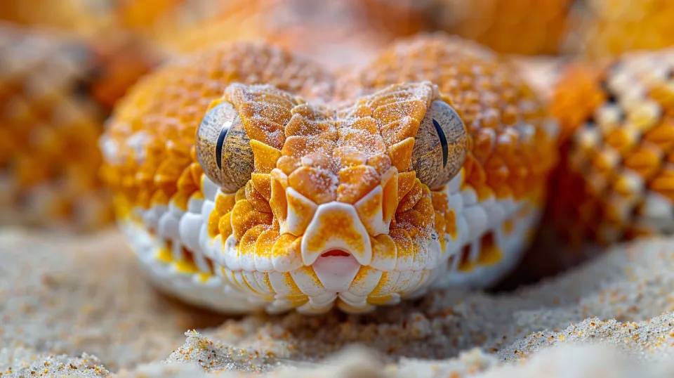 Imagen macro de una rana inusual con piel naranja sobre un fondo arenoso