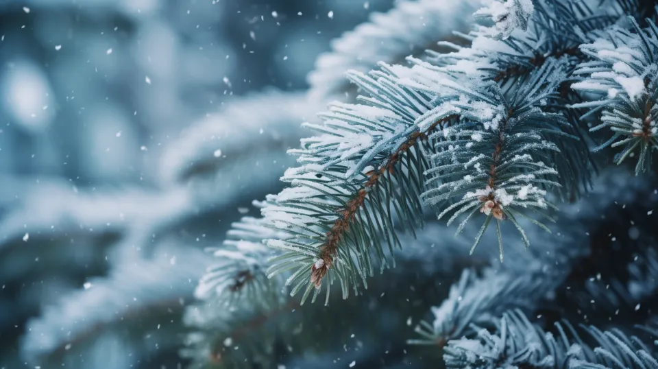 Ramas de coníferas cubiertas de nieve contra un bosque invernal