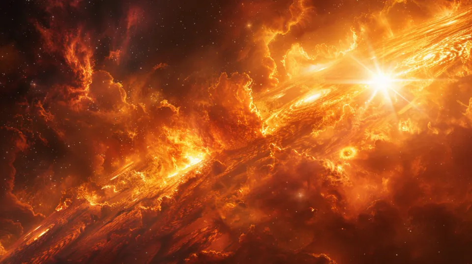Imagen del espacio con brillantes nubes de fuego y estrellas