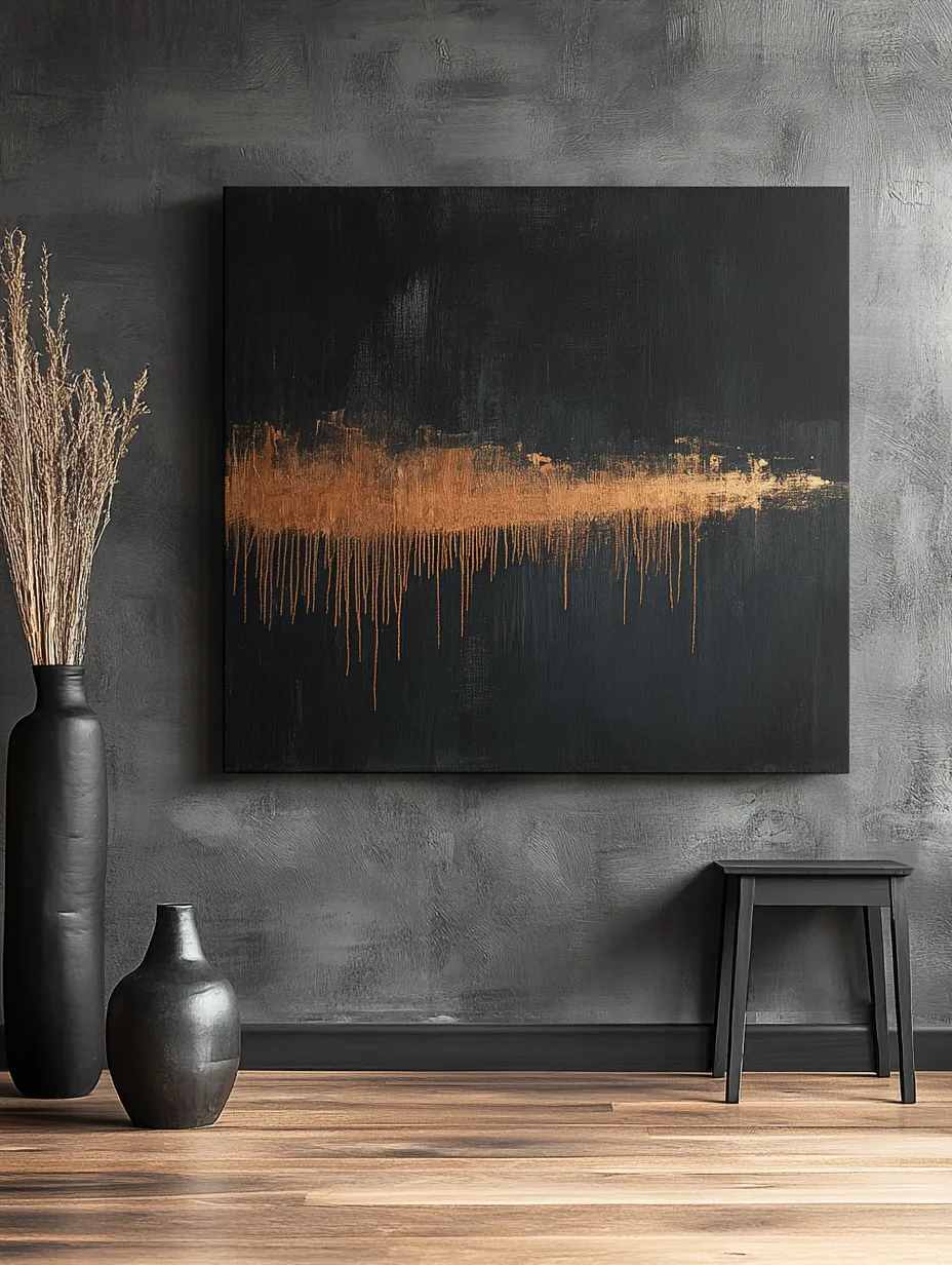 Pintura con elementos dorados sobre fondo negro en un interior