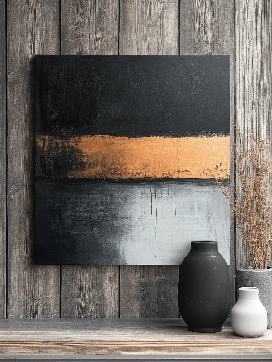Abstract painting with black and gold colors on a wooden wall