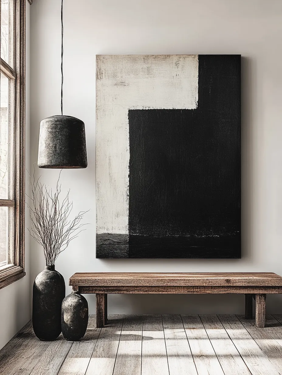 Cuadro abstracto en blanco y negro en una habitación acogedora
