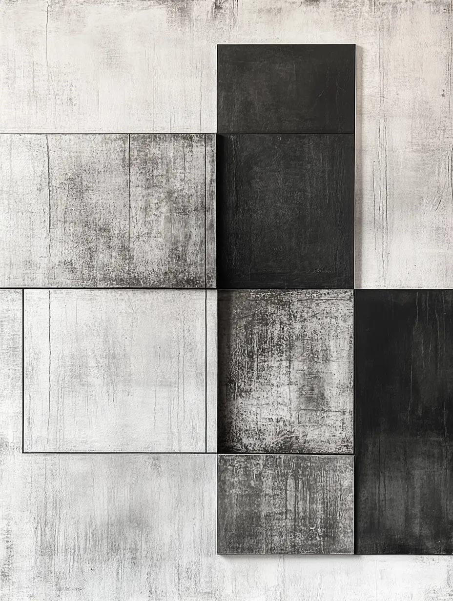 A complete composition of black and white panels on a textured wall