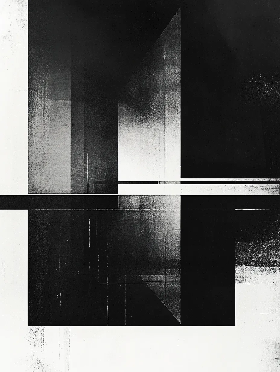Obra gráfica en tonos blanco y negro con formas abstractas