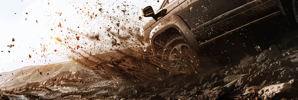 Strong splash of mud as the SUV navigates rough terrain