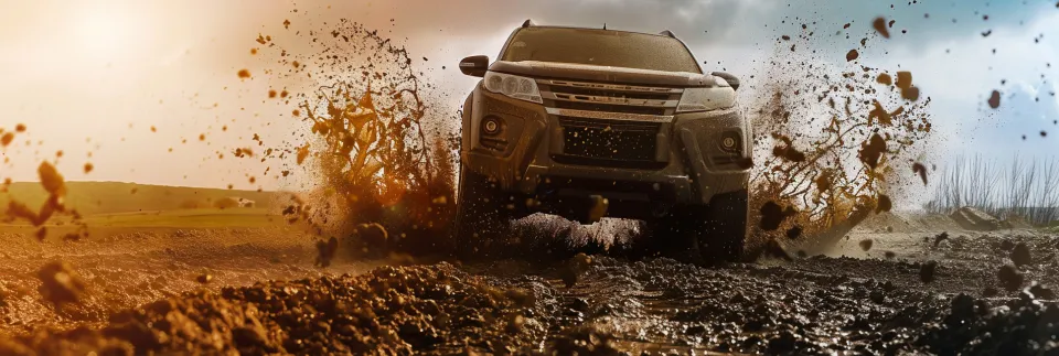 A sports-class car driving on a bumpy road with mud and dust