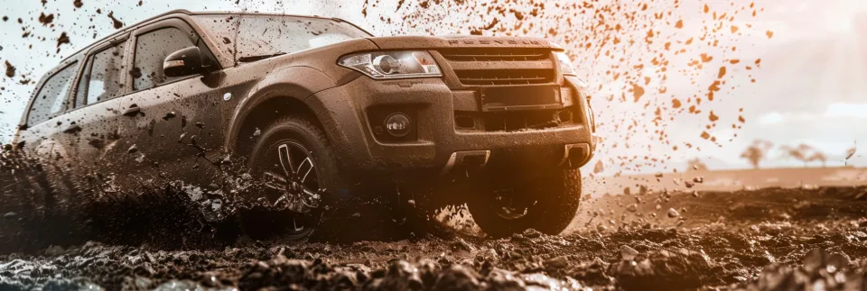 Off-road vehicle driving through a muddy section