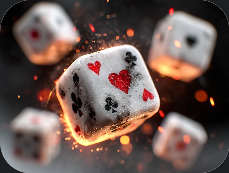 Dice featuring images of playing cards flying amidst flashes of light